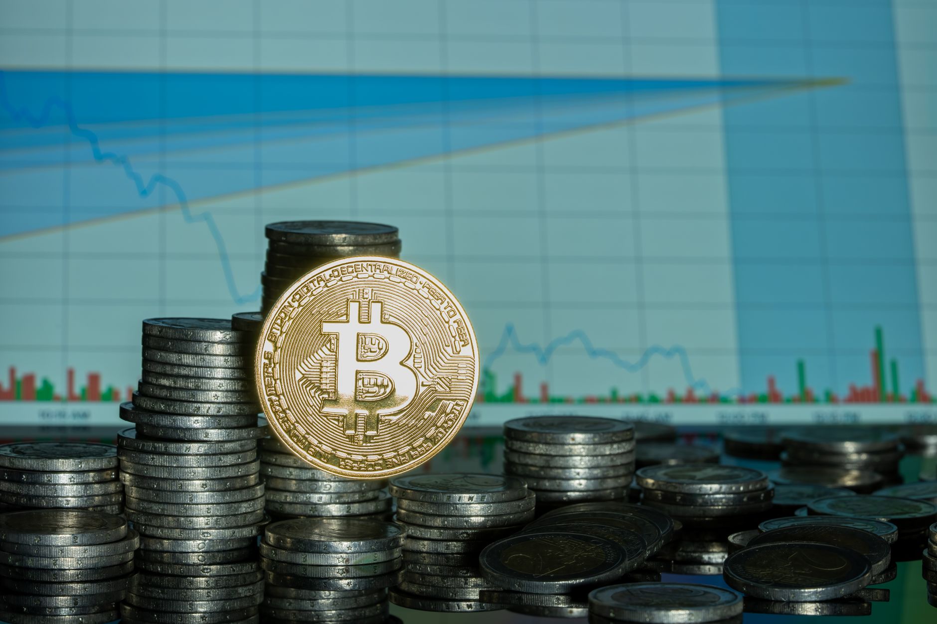 Stack of coins with Bitcoin emblem against a financial market graph, highlighting economic trends. — 5 Reasons to Abandon Pap