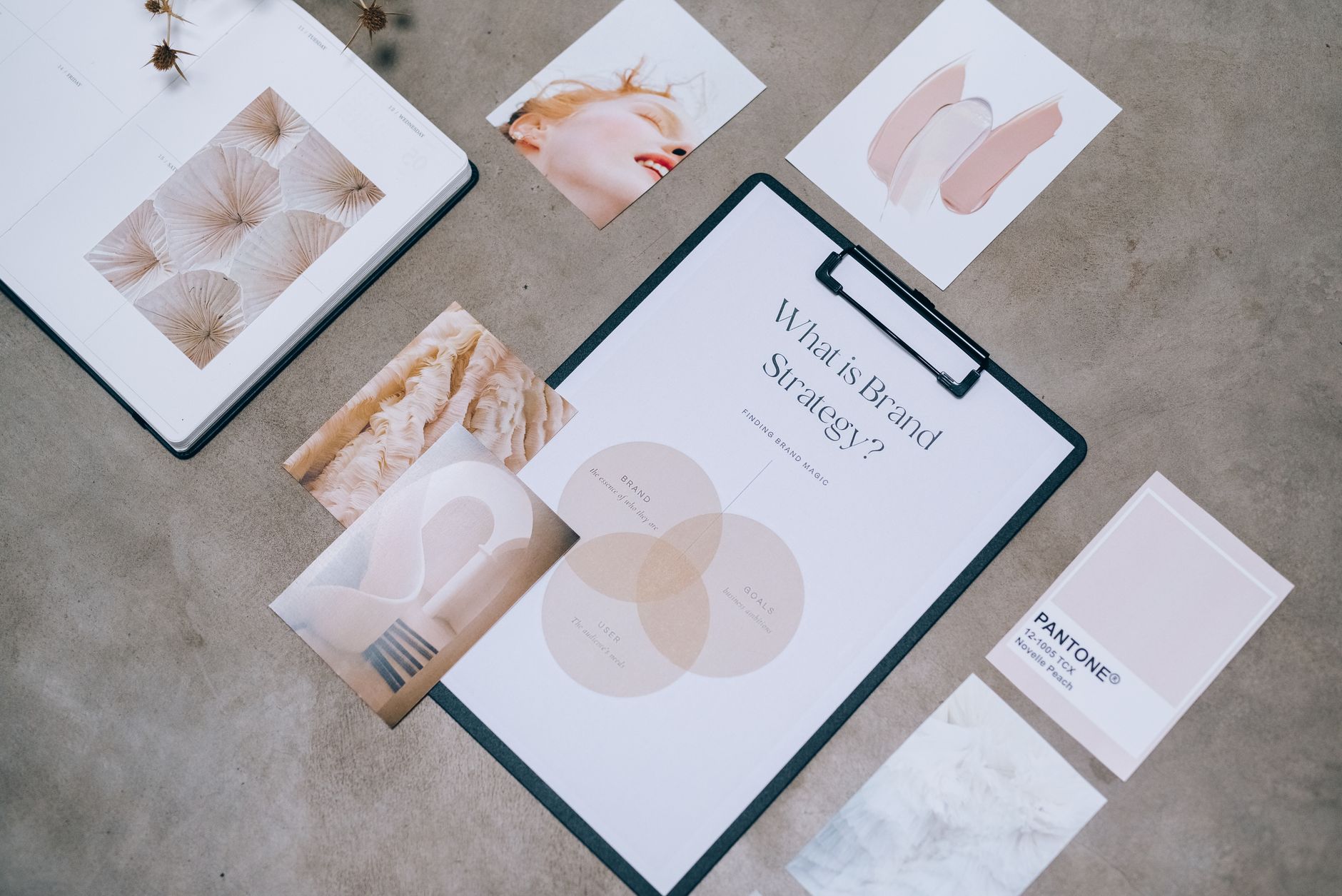 Flat lay showing branding materials and design concepts for creative strategy discussions. — Building a brandname Persona